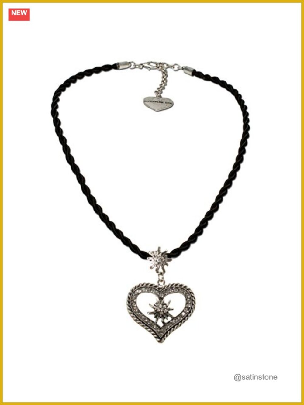 Bavarian Drawstring Cord Necklace with Rhinestone Heart & Edelweiss Pendant,